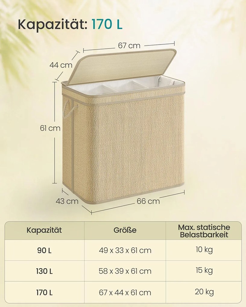 Cesto para roupa suja de 170 litros 67 x 44 x 61 cm em bambu com 3 compartimentos e tampa, cor natural