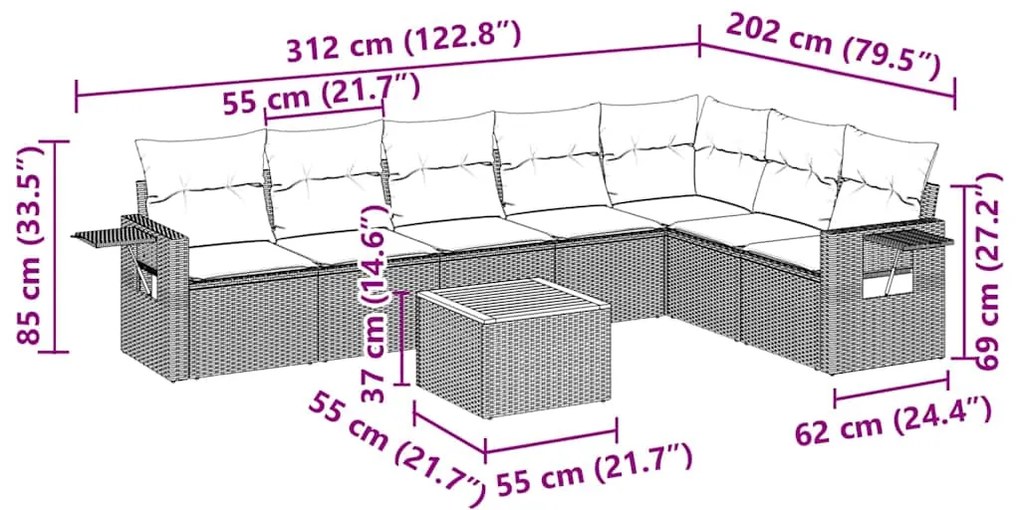 8 pcs conjunto sofás de jardim com almofadões vime PE preto