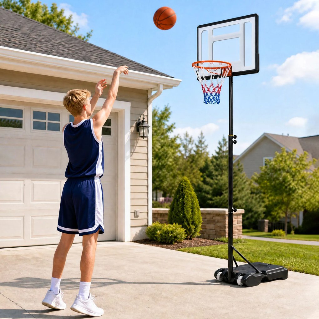 Cesto de Basquetebol Portátil, 76 x 46 x 263–308, Altura Regulável em 5 Níveis, Preto