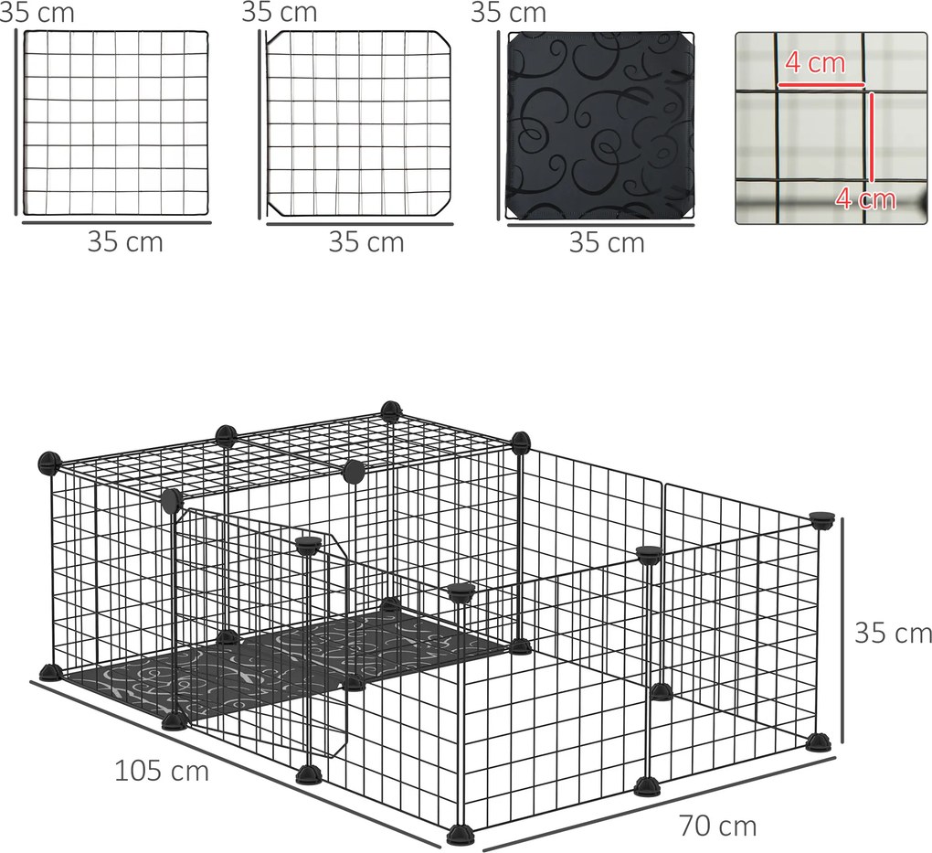 Recinto para pequenos animais – parque modular para coelhos, porquinhos-da-índia e roedores, preto