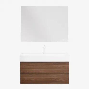 Conjunto De Móvel De Casa De Banho Suspenso Em Madeira E Folha De Freixo Com Lavatório Integrado Ona Madeira Escura & Retangular - Sklum