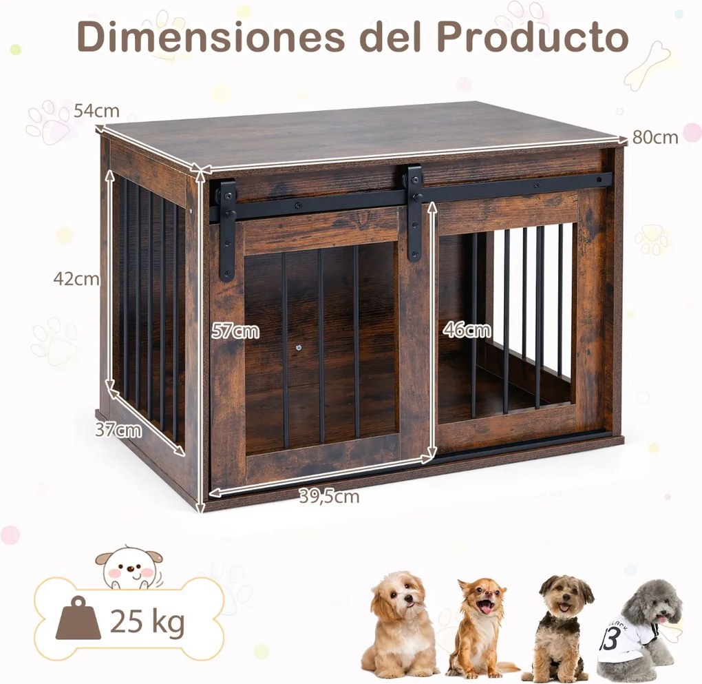 Gaiola para cães com porta de correr 80 x 54 x 57 cm, estilo celeiro, Estrutura metálica com acabamento em madeira, para cães de pequeno e médio porte