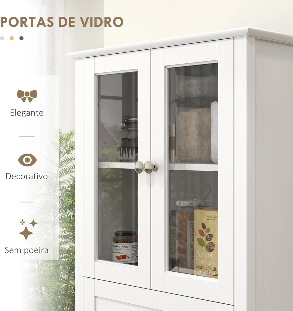 Armário de Cozinha Móvel Auxiliar de Cozinha com 2 Portas de Vidro Gaveta e Prateleiras Ajustáveis 61x35x168,5 cm Branco