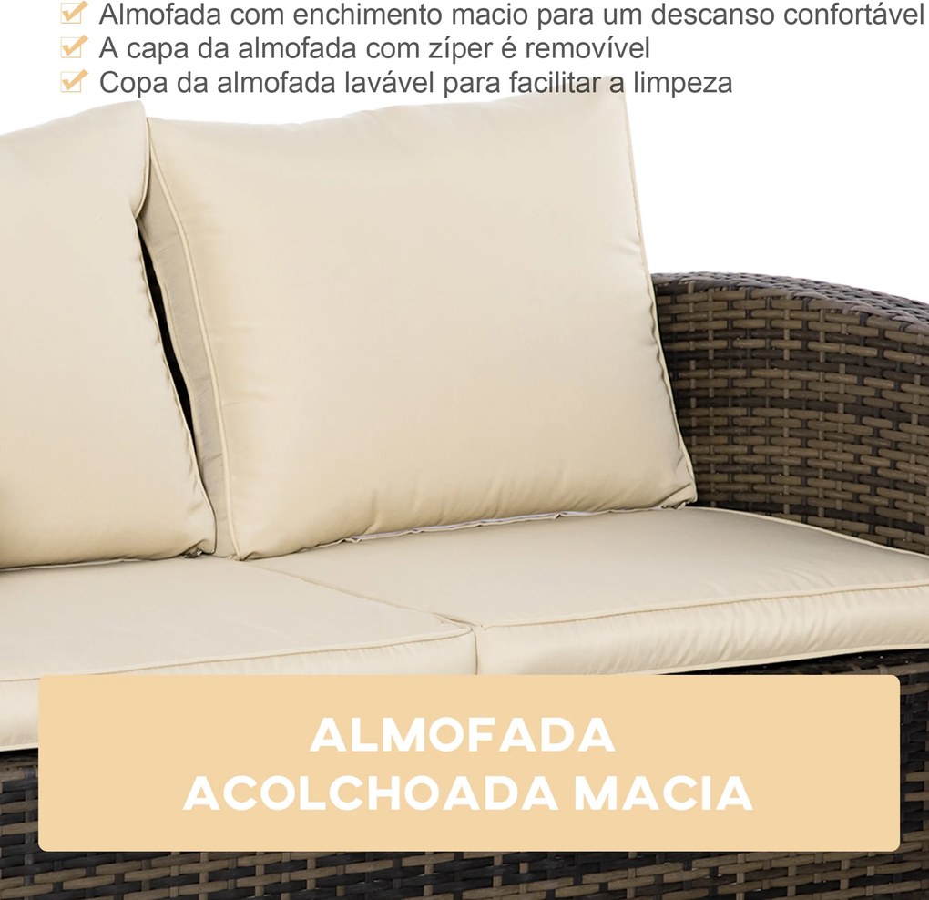 Conjunto de Jardim Exterior de Vime 6 Peças Almofadas Sofá de Dois Lugares Sofá de Três Lugares 2 Cadeiras 2 Mesas Auxiliares Cáqui