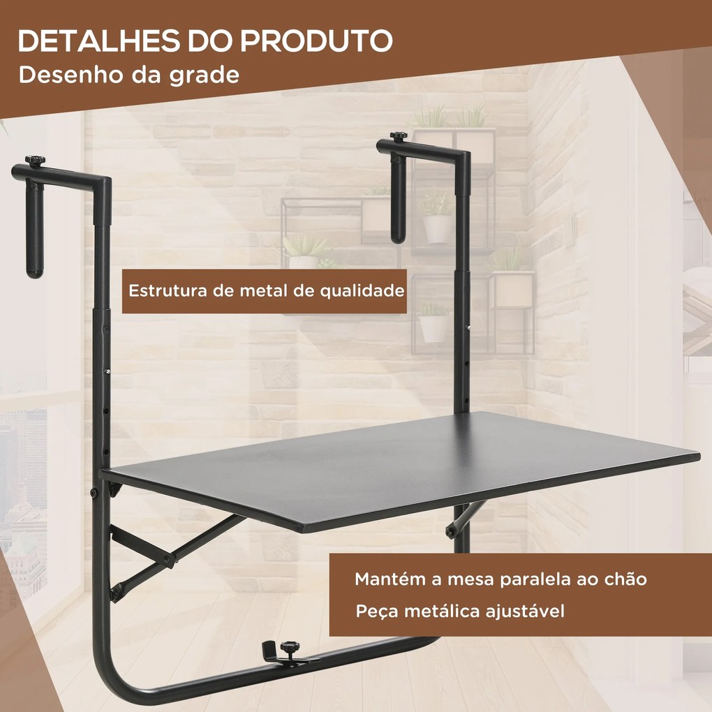 Mesa Suspensa para Varanda Mesa de Parede de Aço com Altura Ajustável em 4 Posições 60x60,5x56-71 cm Preto