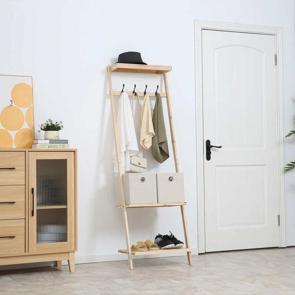 HOMCOM Suporte para Cabides de Madeira Cabideiro com Prateleiras 2 Gavetas de Tecido e 4 Ganchos para Pendurar Roupas Bolsas para Entrada Dormitório 55x37x173cm Madeira