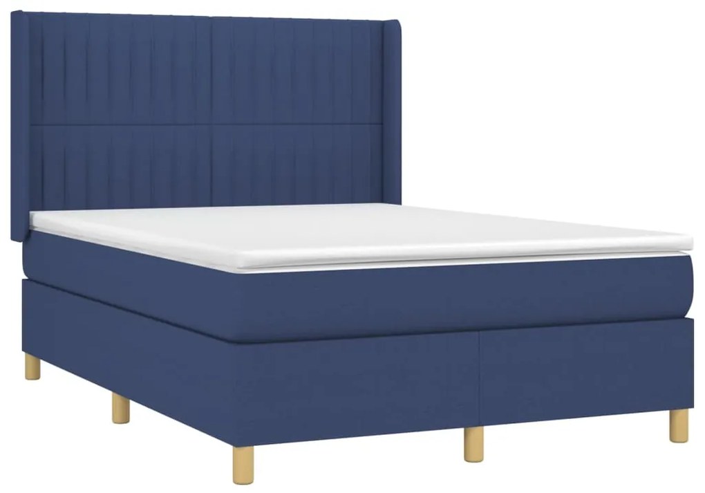 Cama box spring c/ colchão e LED 140x190 cm tecido azul