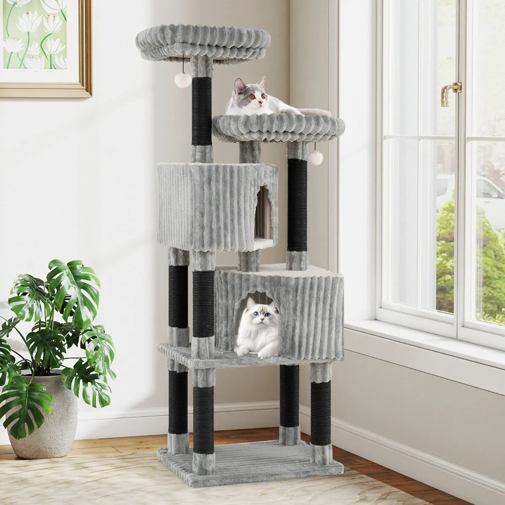 Arranhador para gatos com vários níveis 59 x 40 cm x 156 cm com com 2 camas, postes para arranhar Bolas suspensas Cinza