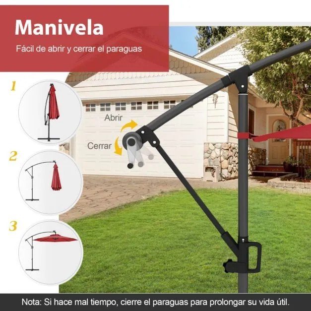 Guarda-sol exterior de 3 m com rotação de 360° e 32 com luzes LED Ajuste fácil da inclinação Manivela vermelha