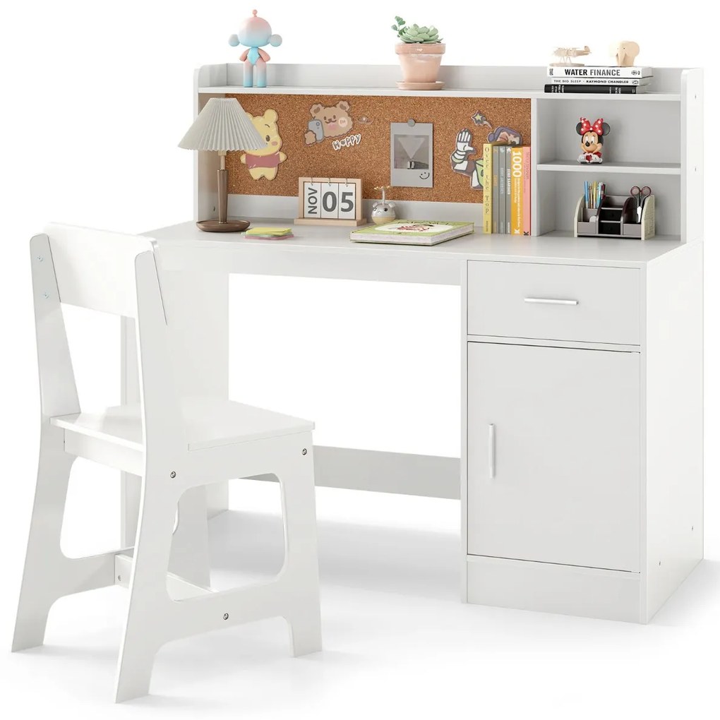Conjunto de secretaria e cadeira infantil com estante, gaveta, armário, quadro de cortiça e banco com encosto inclinado 109,5 x 48 x 100,5 cm Branco