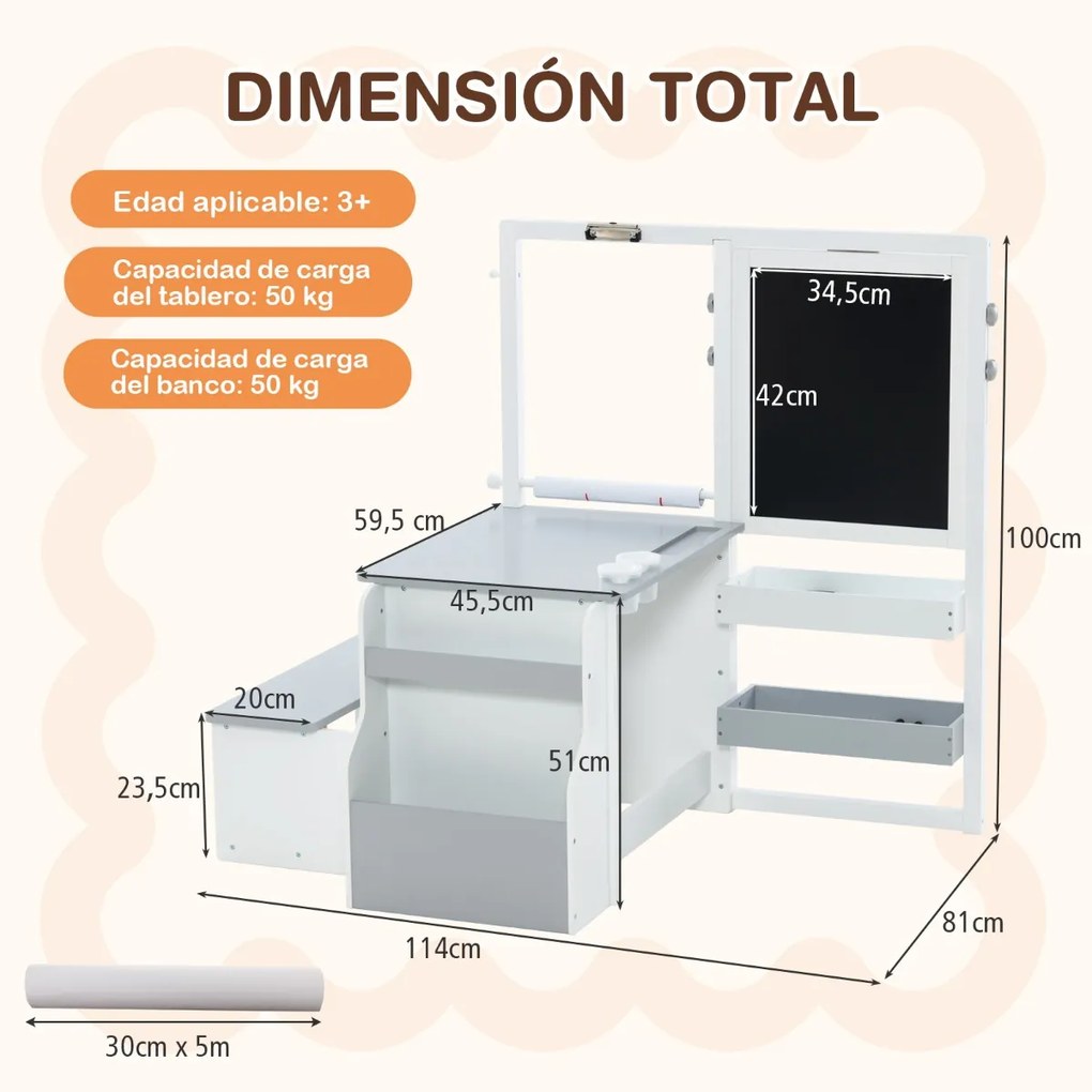 Conjunto de mesa e banco de arte para crianças com cavalete ajustável de dupla face, quadro magnético e rolos de papel substituíveis Branco e cinzento