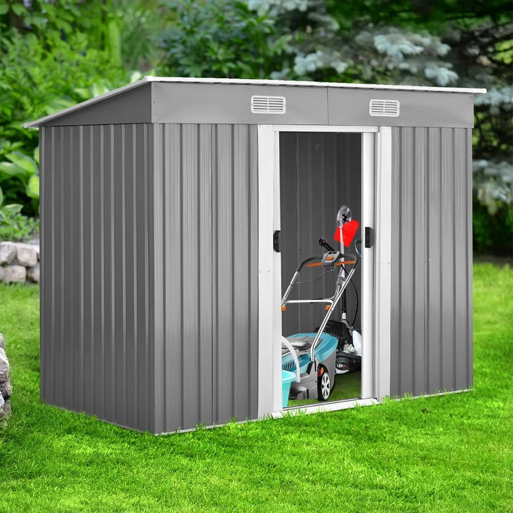 Abrigo de metal para jardim exterior com 2 portas 238 x 131 x 181 cm Cinzento