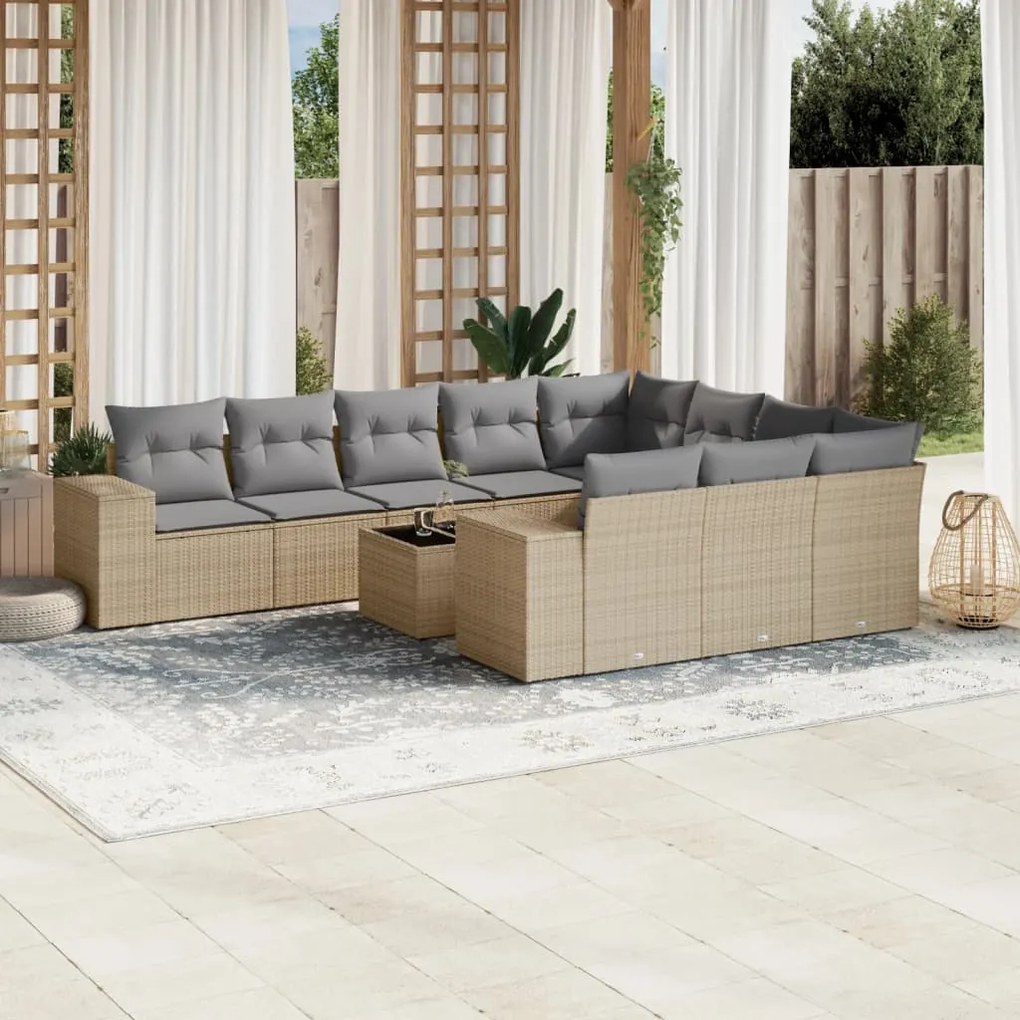 11 pcs conjunto sofás de jardim c/ almofadões vime PE bege