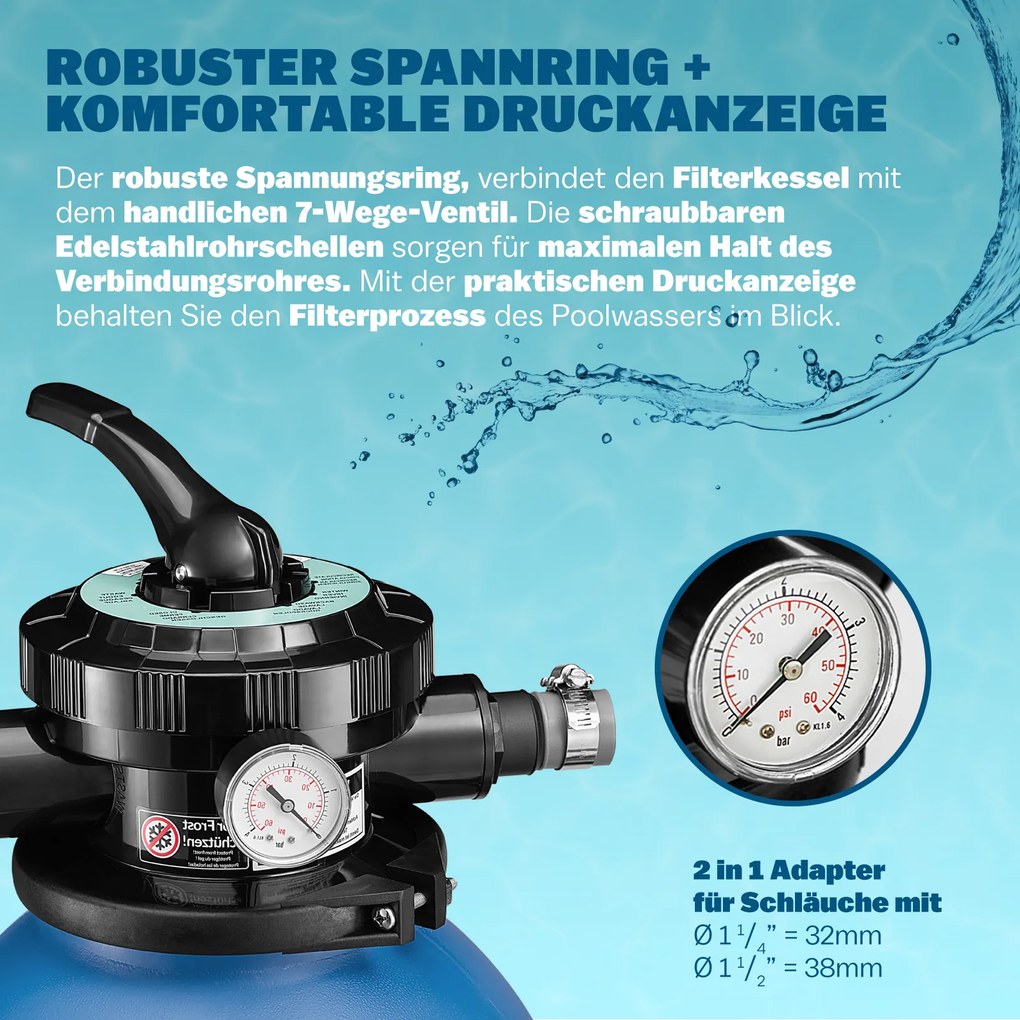Sistema de filtragem de areia Piscinas 13200 l/h com pré-filtro e depósito XXL azul / preto
