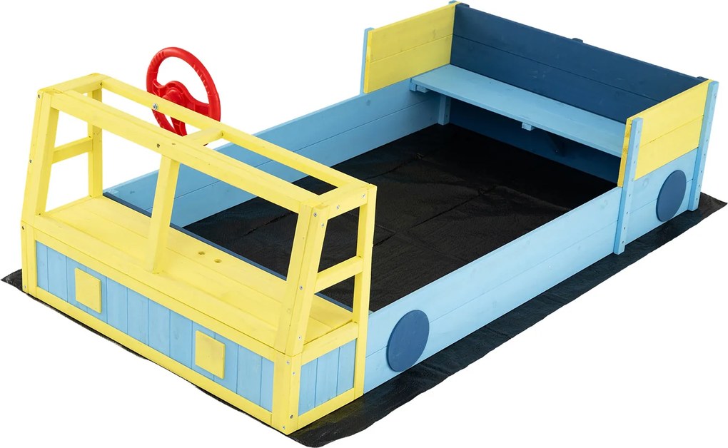 Caixa de areia infantil em madeira de abeto com forma de carro 160 x 86 x 58 cm, assento com base aberta e forro inferior, para praia, pátio ou jardim
