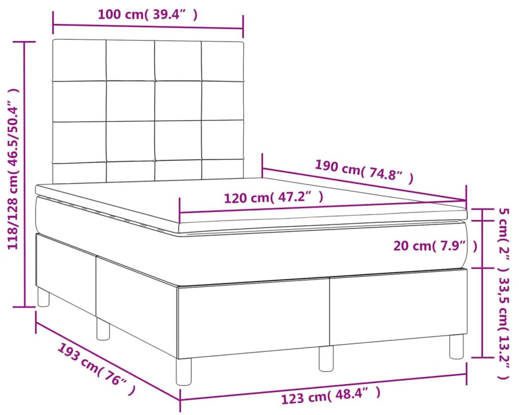 Cama box spring colchão/LED 120x190cm tecido cinza-acastanhado