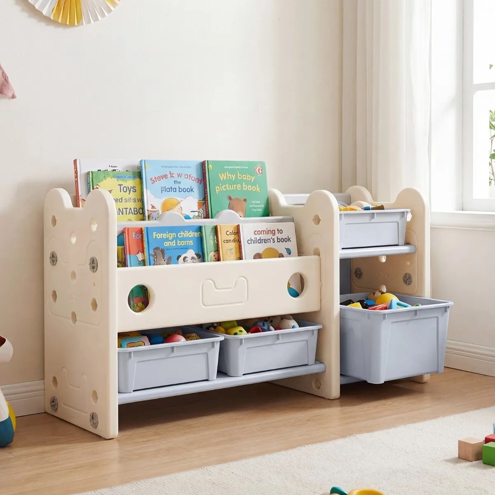 Organizador de brinquedos 2 em 1 com estante de 4 caixas e 3 prateleiras 114 x 36,5 x 63 cm, com tema de gatos, para quarto, sala de estar ou quarto d