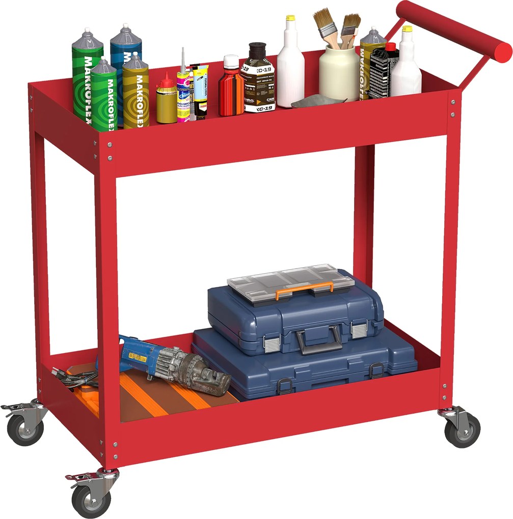 Carrinho de oficina com 2 níveis, pega lateral e rodas bloqueáveis, 84,5 x 38 x 84 cm, vermelho