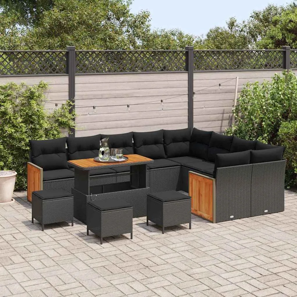 vidaXL Conjunto de Sofá de Jardim com 13 peças e almofadas, preto, polirattan, acácia.