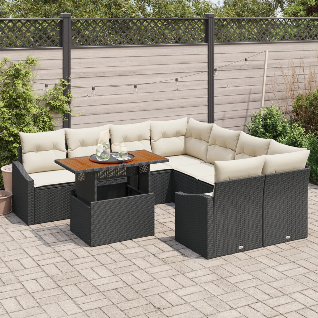 Conjunto de Sofá de 9 Peças com Almofadas Pretas de Rattan Poliéster