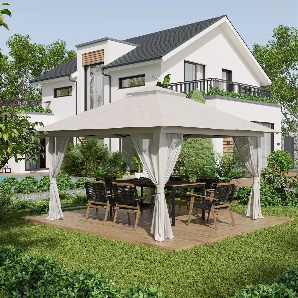 Tenda Dobrável Pop-UP 3,92x3,92x2,83m Tenda de Jardim com Altura Ajustável Proteção UV50+ Teto Duplo Rede Mosquiteira e Bolsa de Transporte com Rodas