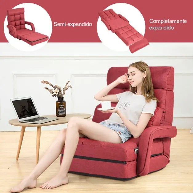 Sofá Cama de Chão individual dobrável com almofada multifuncional para quarto Sala de estar Varanda 67 x 65 x 72 cm Vermelho