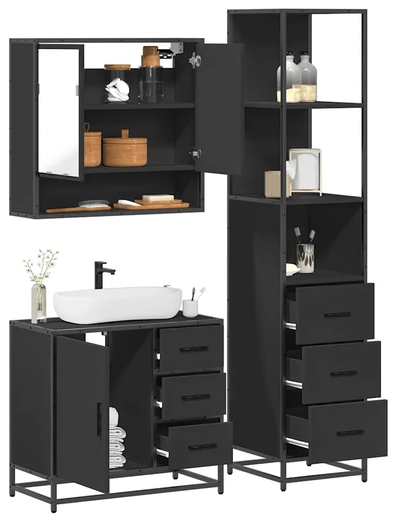 vidaXL 3 pcs conjunto móveis casa de banho derivados de madeira preto