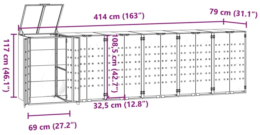 Abrigo para 6 caixotes do lixo 414x79x117 cm aço cinzento