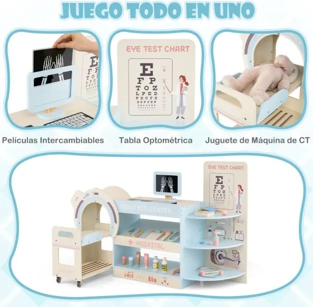 Conjunto de brincar aos médicos para crianças 115,5 x 30,5 x 72,5 cm com acessórios oftalmológicos e lâminas intercambiáveis para idades a partir dos
