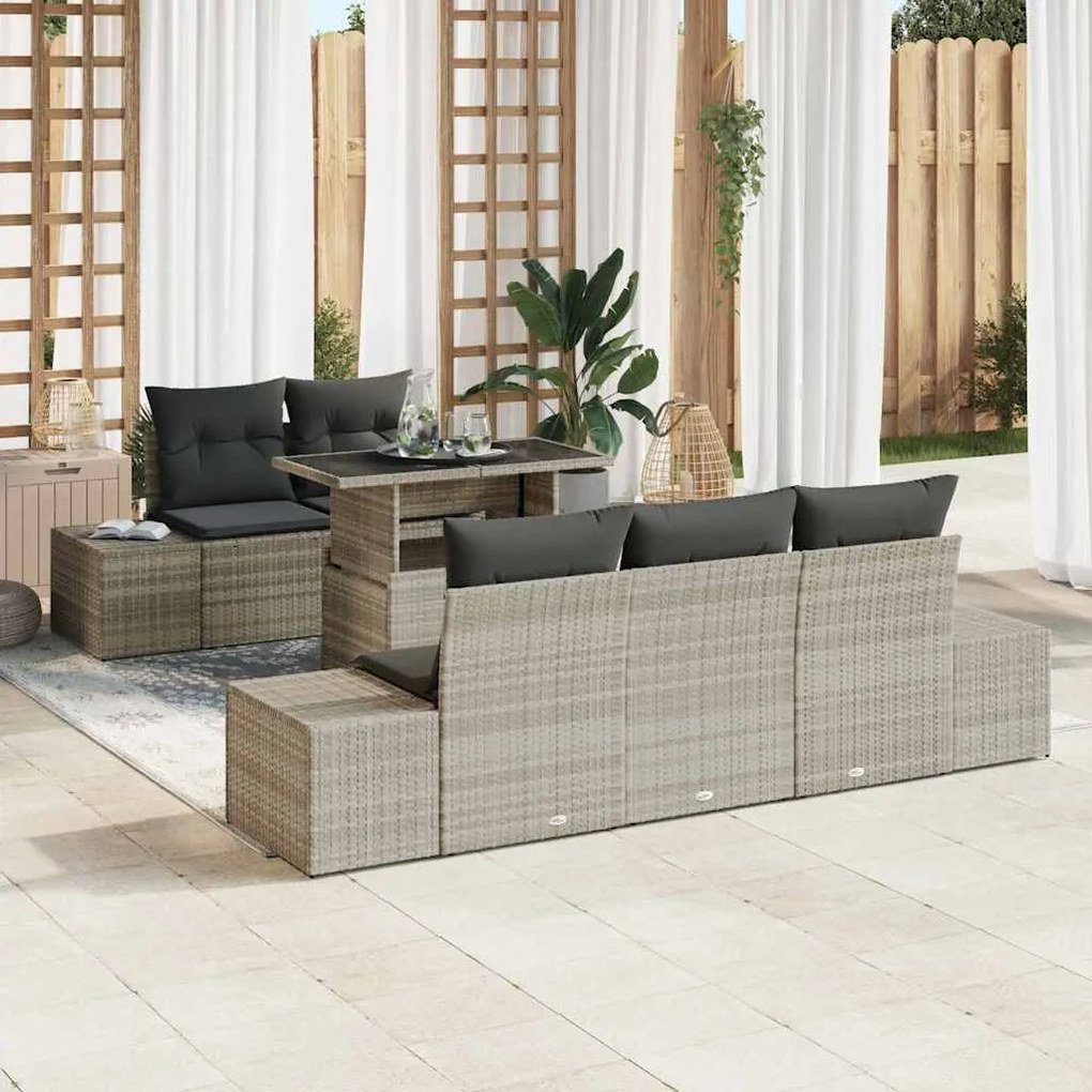 vidaXL Conjunto de Sofás de Jardim com 6 Peças e Almofadas Cinza Claro em Rattan Poly