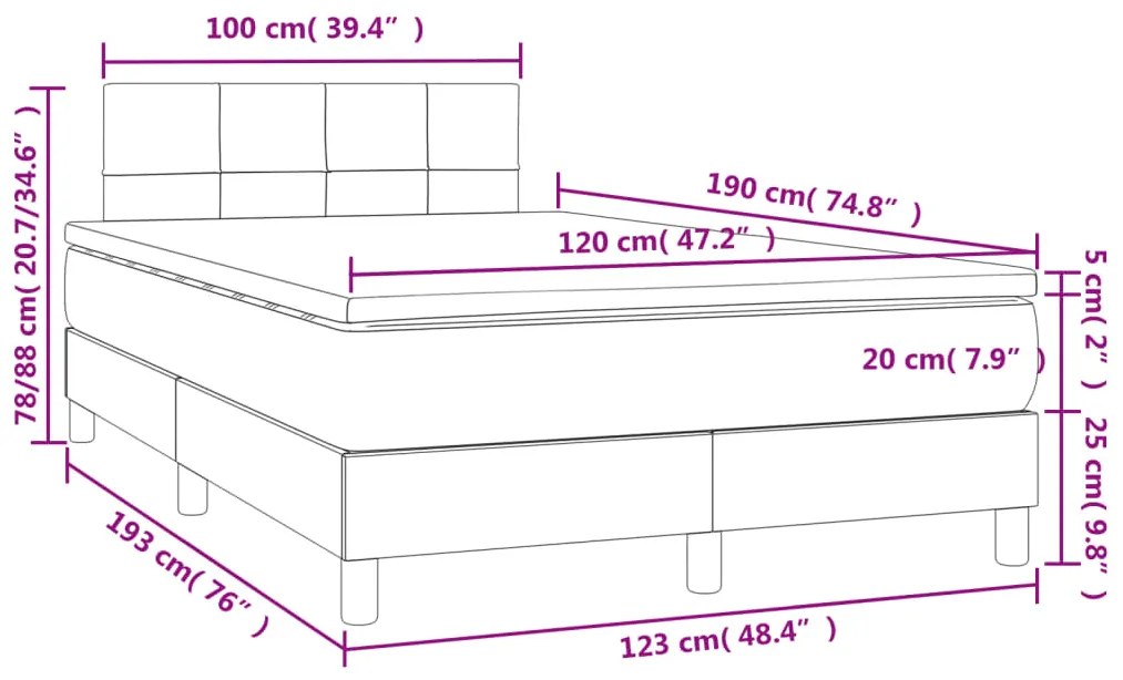 Cama box spring colchão/LED 120x190cm tecido cinza-acastanhado