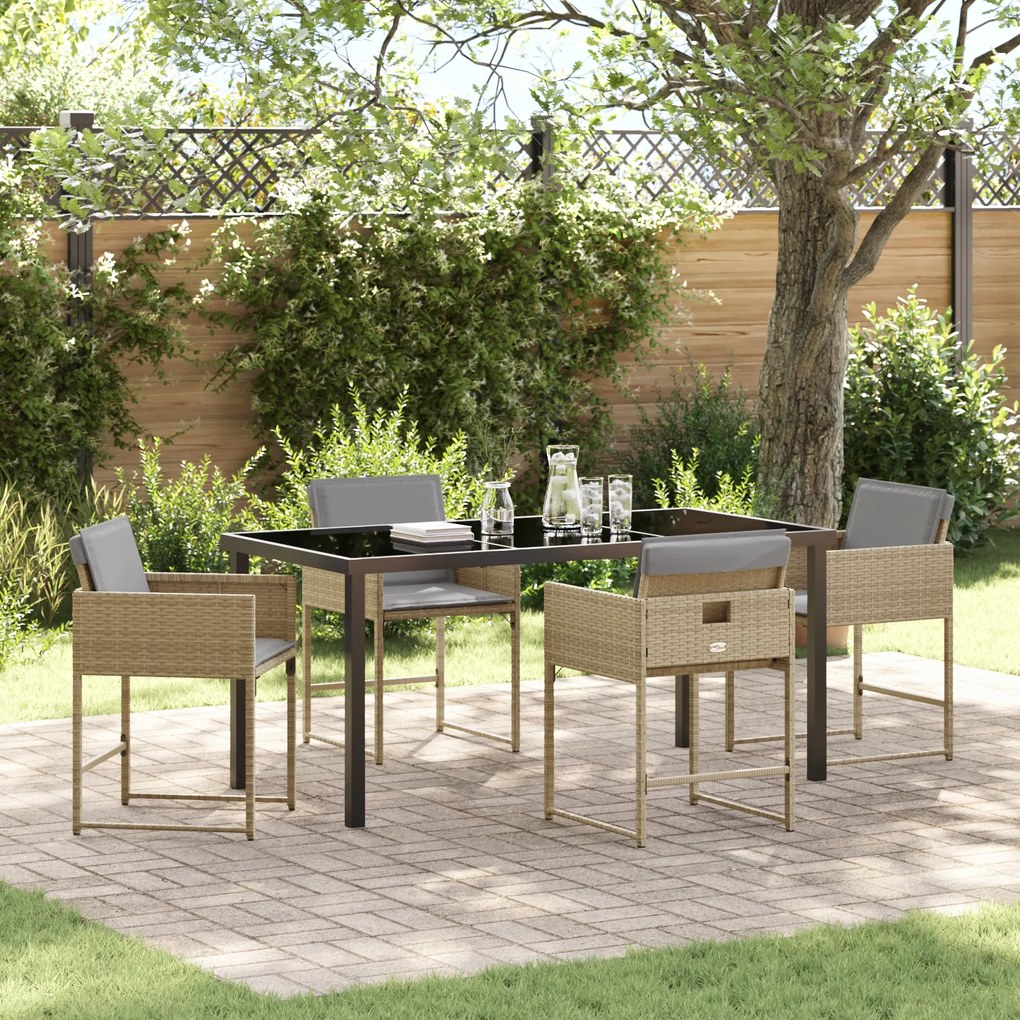 Conjunto de Jantar no Jardim vidaXL 5 Peças com Almofadas Bege de Rattan Poliéster
