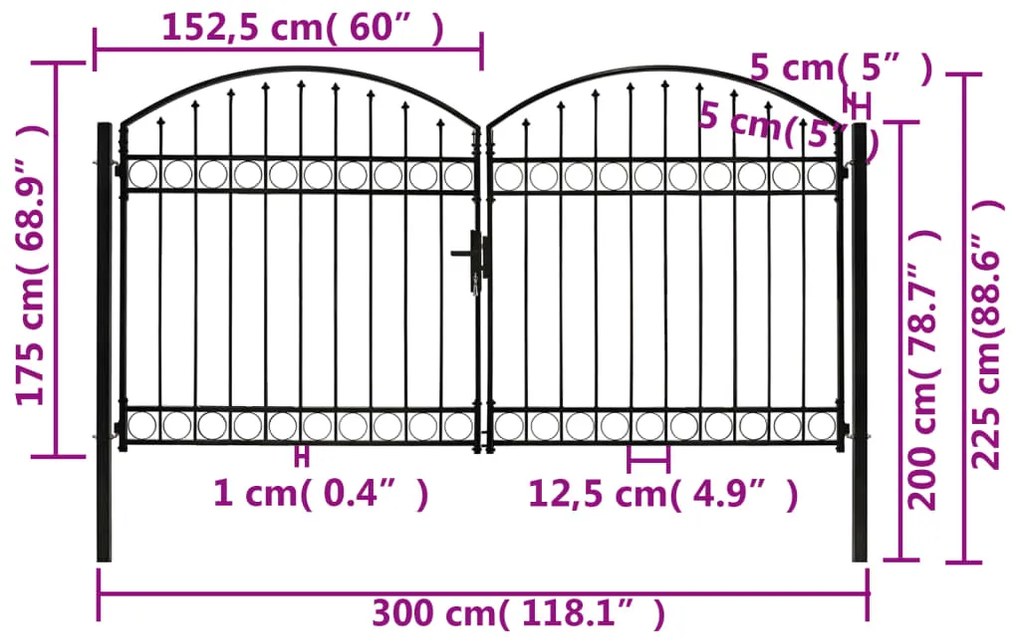 Portão p/ cerca porta dupla e topo arqueado 300x175cm aço preto