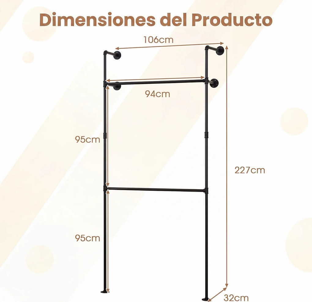 Cabideiro de Parede para Roupa, 106 x 32 x 227 cm, 2 Barras para Pendurar, Preto