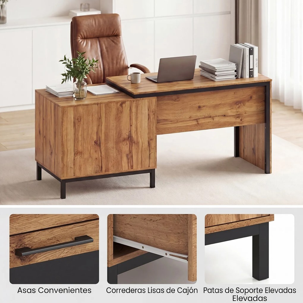 Secretária de escritório com ampla superfície de trabalho 181 x 60 x 76 cm, compartimentos abertos, gavetas e armário com 1 porta, cor natural