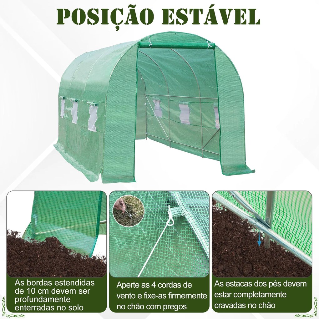 Estufa Túnel 445x190x200 cm Estufa de Jardim com 6 Janelas 1 Porta e C