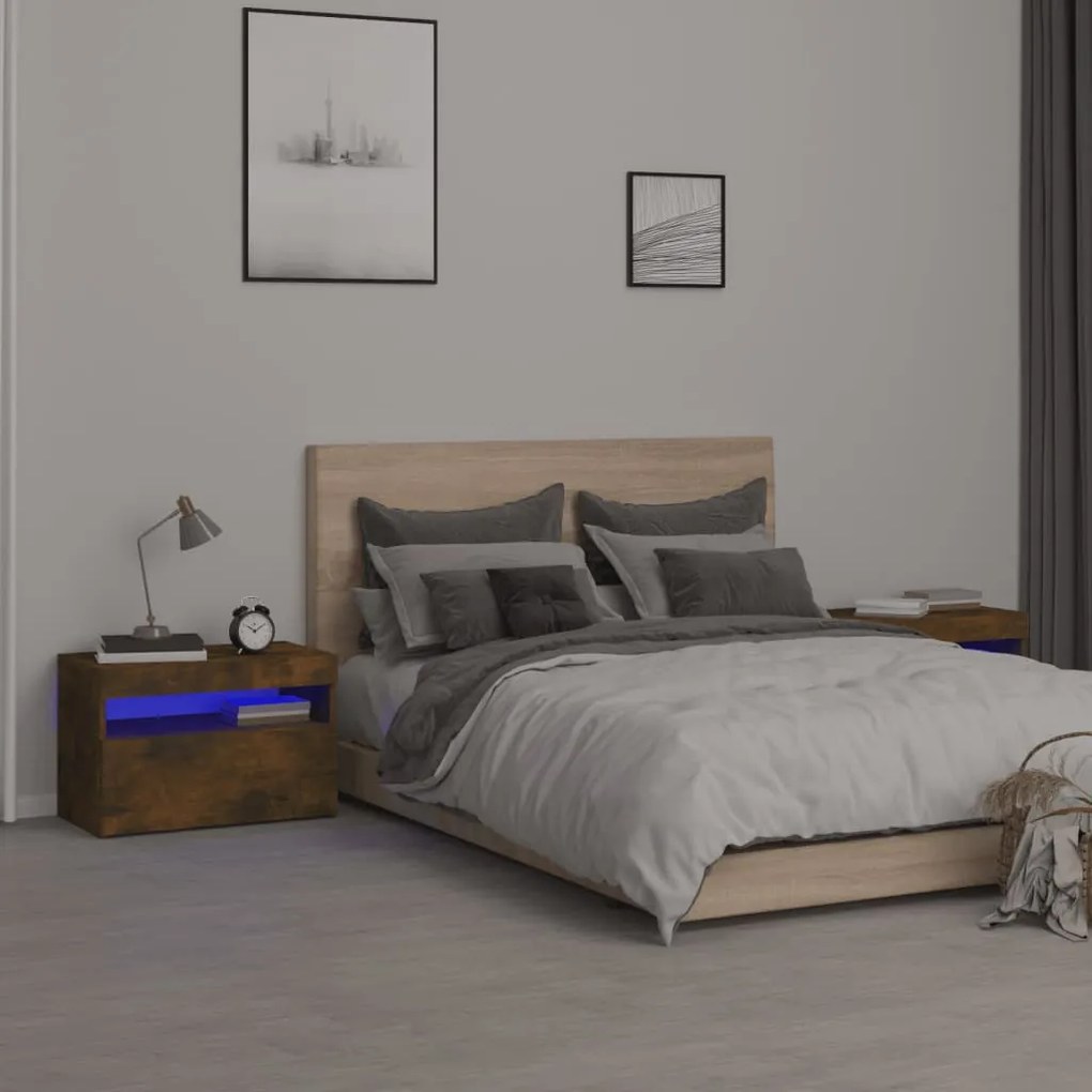 3152827 vidaXL Mesas cabeceira c/ LEDs 2 pcs 60x35x40 cm carvalho fumado