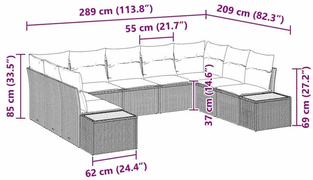 Conjunto de Sofá de Jardim com 9 Peças e Almofadas em Bege. Feito de r