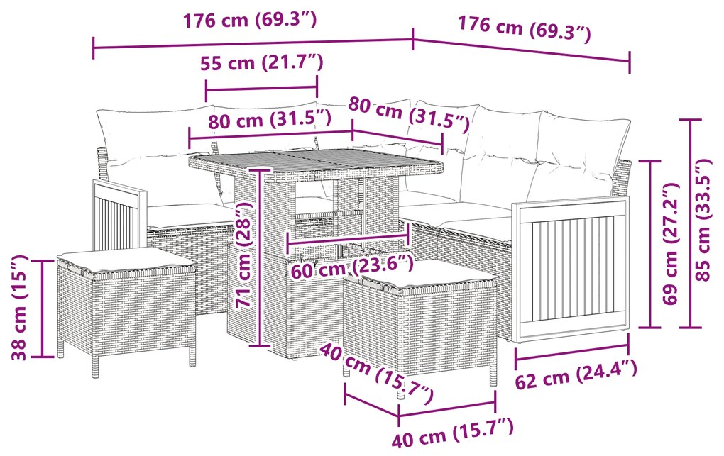 Conjunto de Sofá de Jardim vidaXL 8 Peças com Almofadas Preto Rattan P