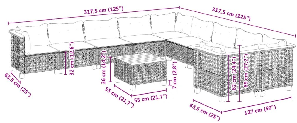11 pcs conjunto sofás de jardim c/ almofadões vime PE preto
