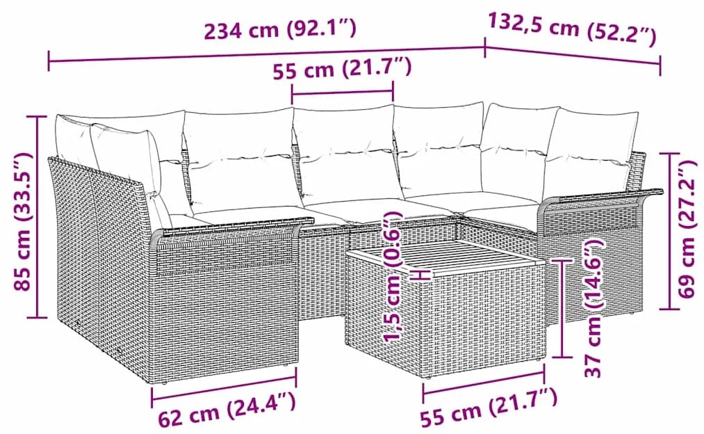 Conjunto de Sofá de Jardim de 7 Peças com Almofadas em Rattan Sintétic