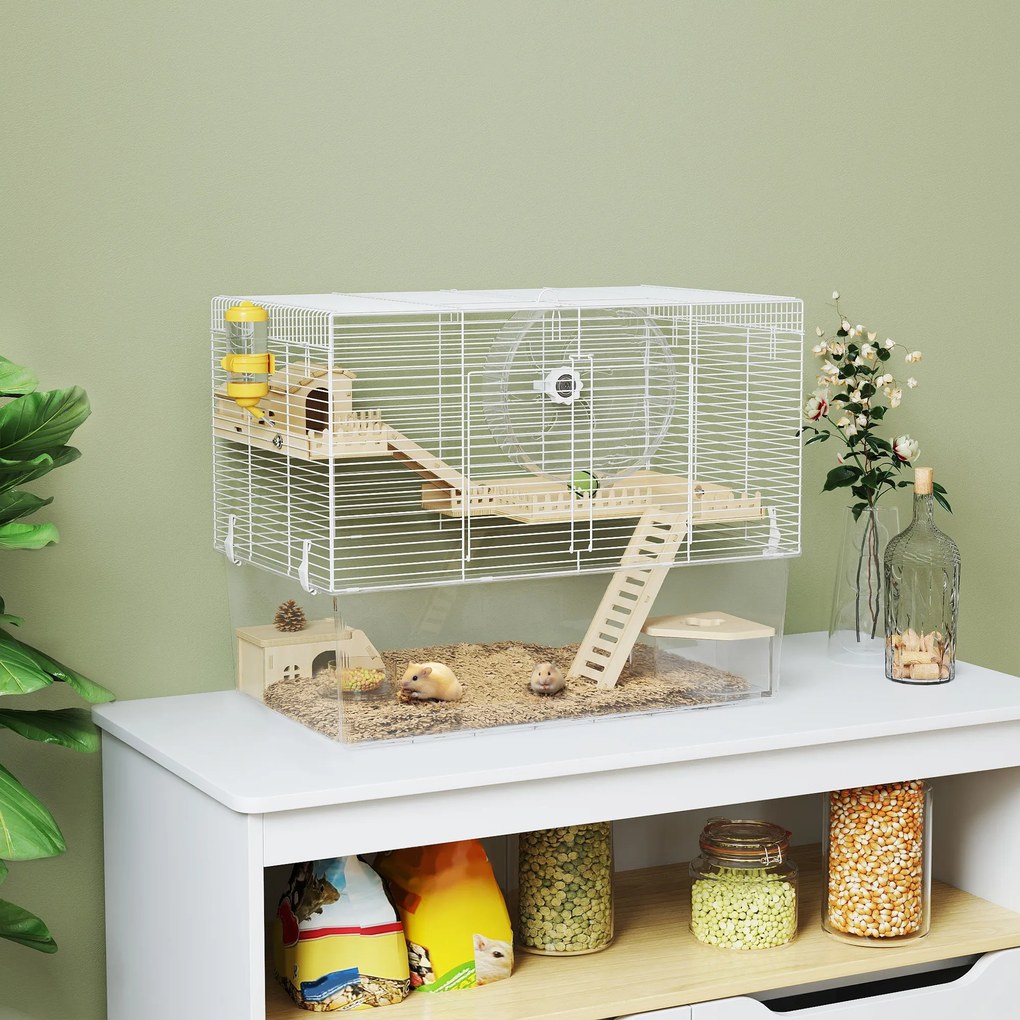 Gaiola para hamsters de 3 níveis, gaiola para roedores com roda de exercício, tabuleiro transparente e fundo, 59 x 35,5 x 47 cm, branca