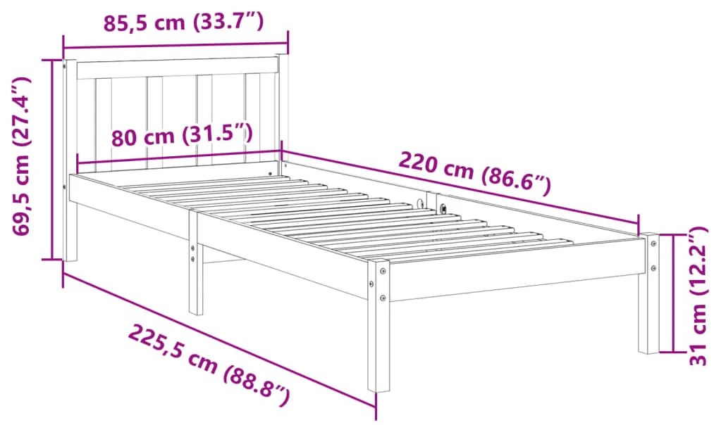 Cama extra longa sem colchão 80x220 cm pinho maciço branco