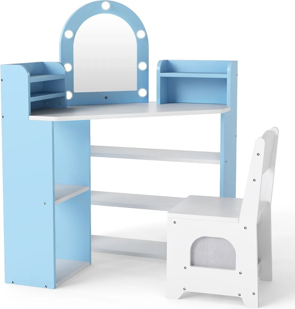 Toucador infantil de canto com luzes e cadeira princesa com 3 estantes de armazenamento 5 compartimentos abertos Acessórios Branco e Azul