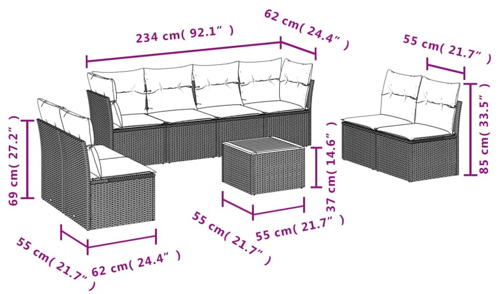 9 pcs conjunto de sofás p/ jardim c/ almofadões vime PE preto