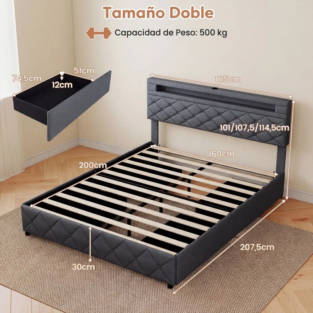 Estrutura de cama 160x200 cm (COLCHÃO NÃO INCLUIDO) com LED USB, estofado, gavetas, cabeceira ajustável, espaço de arrumação, ripas de madeira, não ne