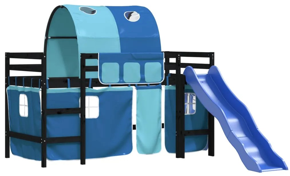 Cama alta para criança com túnel 80x200 cm pinho maciço azul