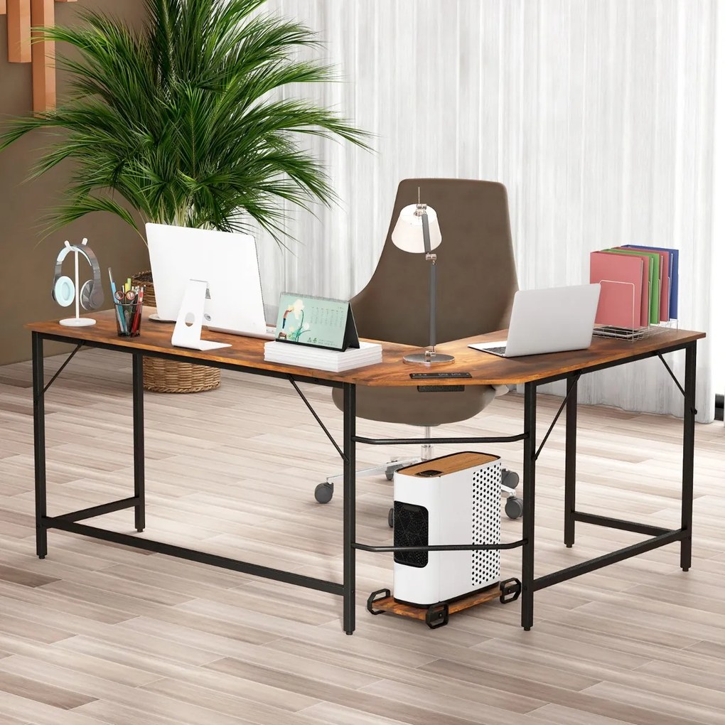 Mesa de computador em formato de L com tomada elétrica, suporte para CPU e estrutura de metal resistente, mesa de canto preta