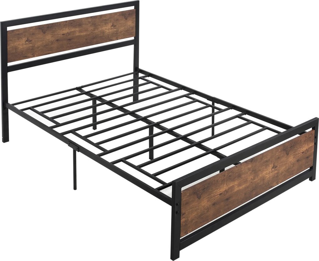 HOMCOM Estrutura de cama de casal em aço com estrado e cabeceira compatível com colchão 190 x 140 cm aspecto madeira escura | Aosom Portugal