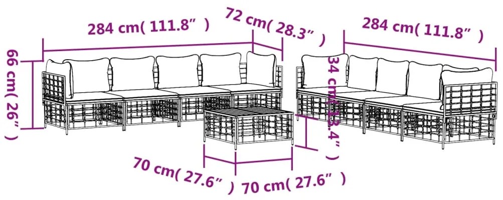 9 pcs conjunto lounge de jardim c/ almofadões vime PE antracite